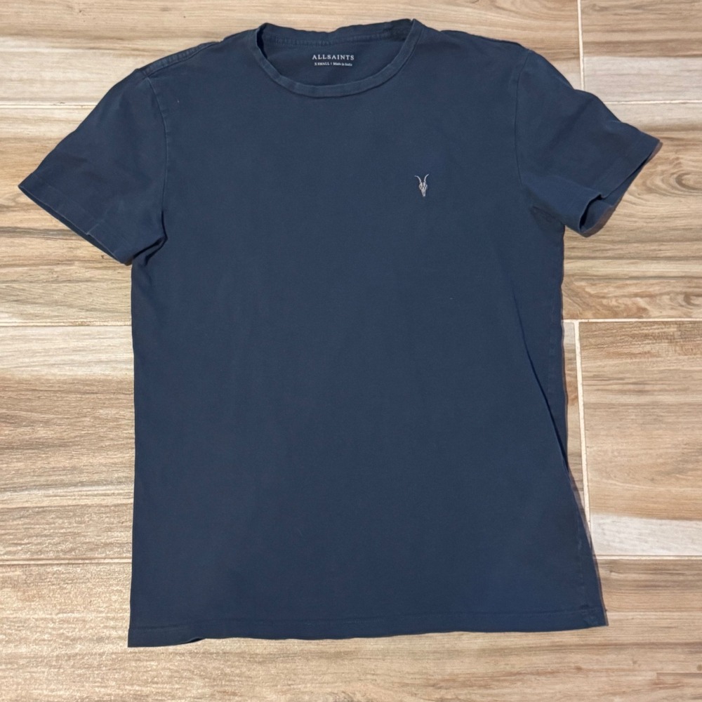 AllSaints Tonic Crew T-Shirt Mens XS Navy Blue Ramskull Logo Cotton Tee